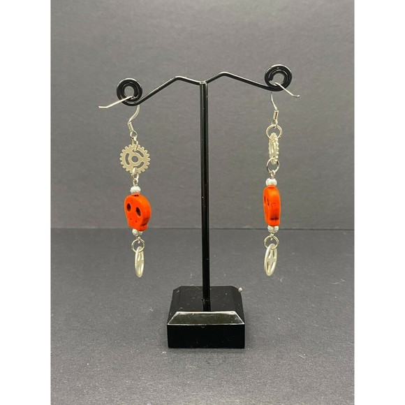 Orange Skull & Gear Earrings by Neanie-Bot Handmade Jewelry Creations - Picture 4 of 4